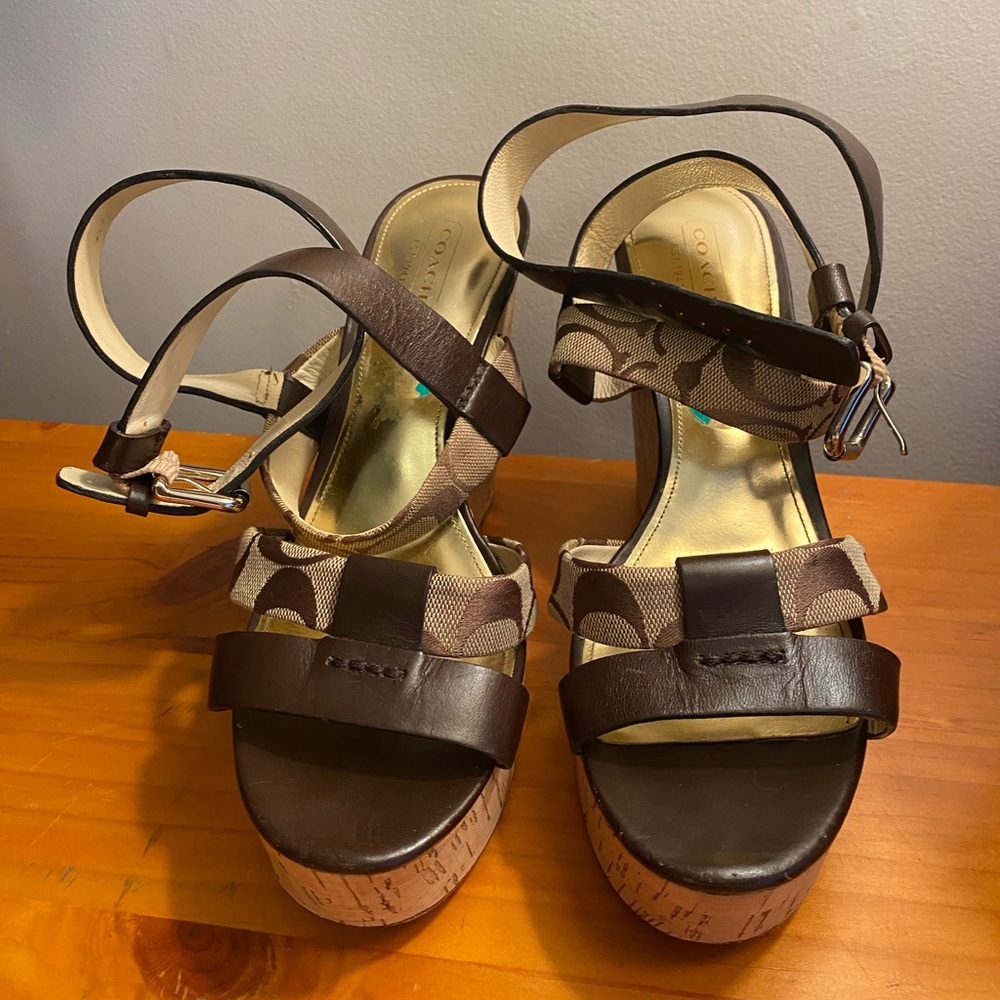 COACH Charla Size 8 wedge heels with wrap around buckle ankle strap